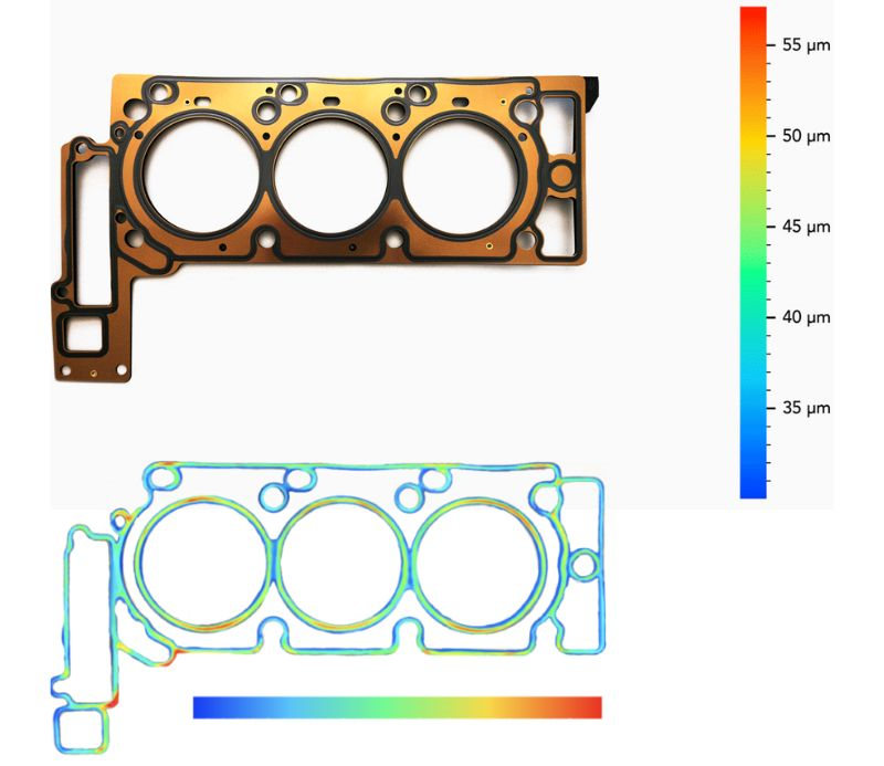 塗魔師3D整體(ti) 膜厚成像係統可以對密封件的所有部位進行測厚，不遺漏縫隙和邊角，快速全麵檢測出塗膠缺陷問題