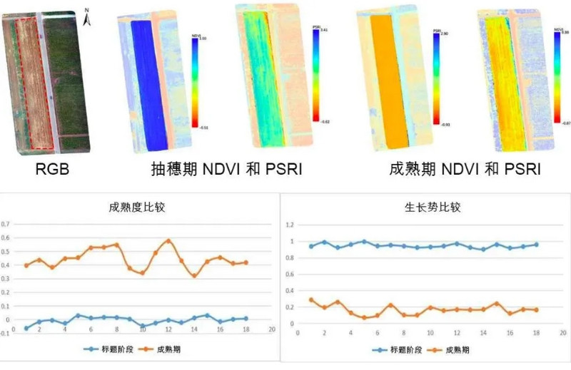 Specim AFX10無人機載高光譜成像係統記錄小麥在不同時期的歸一化植被指數和植物衰老反射指數