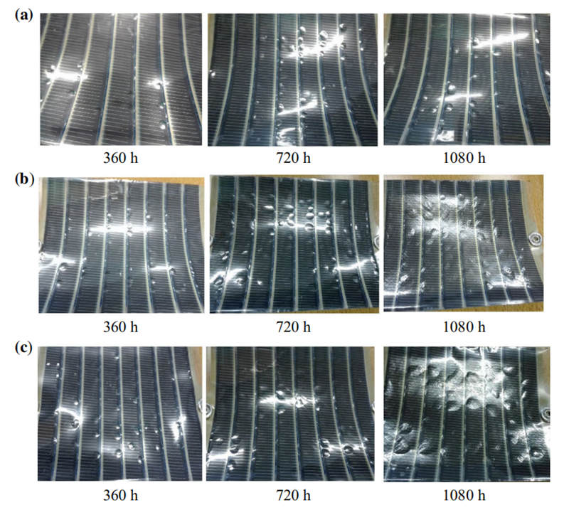 隨著在QUV紫外老化試驗箱中進行老化測試時間的推移，OSCs產(chan) 生氣泡狀和顏色發生變化