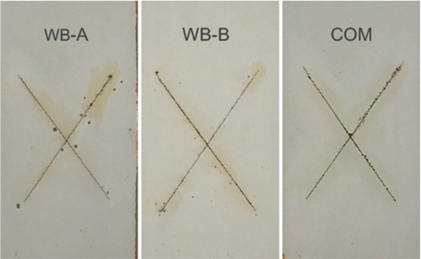 圖 7顯示了 MC #1、MC #2 和 MC #3 係統在鹽霧試驗約 1000 小時後和使用 800 粒度砂紙去除表麵鏽跡後的麵板圖像