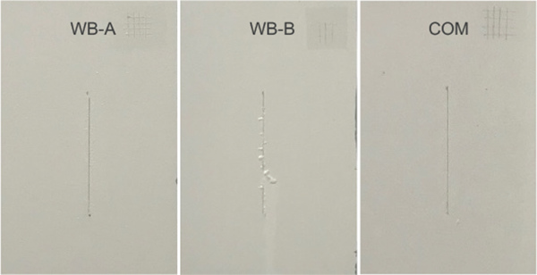 圖 9分別顯示 2018 小時、1852 小時和 2018 小時鹽霧試驗後 MC #1、MC #2 和 MC #3 係統在鋁合金 AA 2024 T3 基板上的麵板圖像。