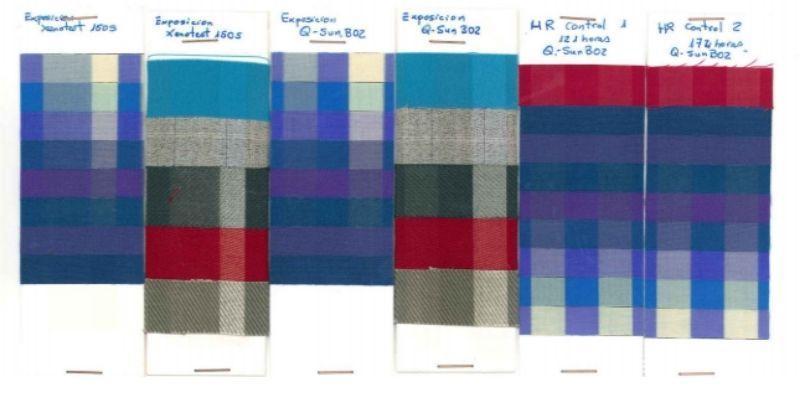 對5個(ge) 樣品進行日曬色牢度測試的結果對比