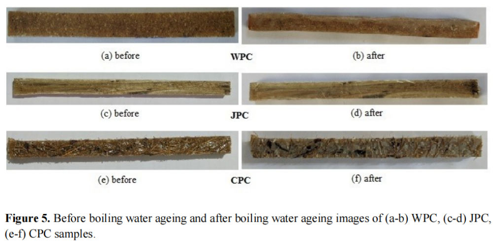 圖 5(a) 和 5(b) 顯示了在沸騰溫度下暴露於(yu) 水老化之前和之後的 WPC 樣品