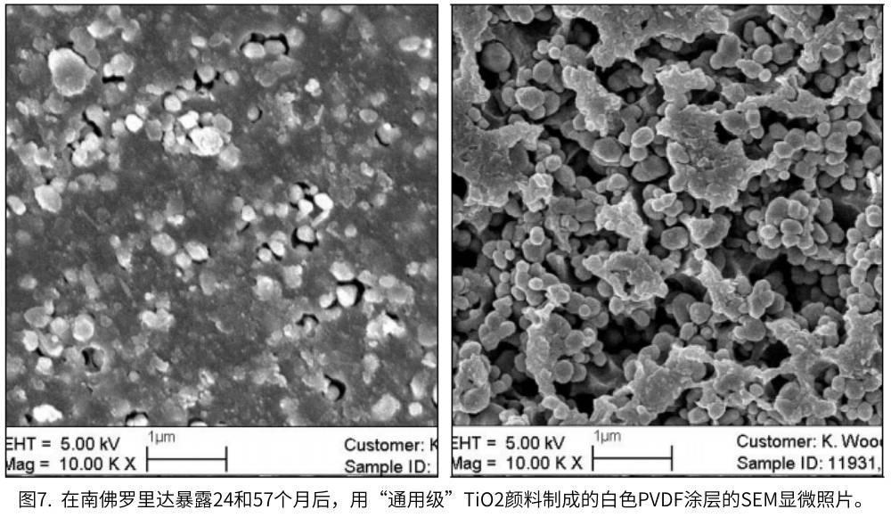 圖7.  在南佛羅裏達暴露24和57個(ge) 月後，用“通用級”TiO2顏料製成的白色PVDF塗層的SEM顯微照片