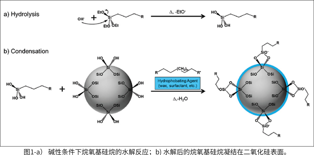 圖1-a） 堿性條件下烷氧基矽烷的水解反應；b) 水解後的烷氧基矽烷凝結在二氧化矽表麵