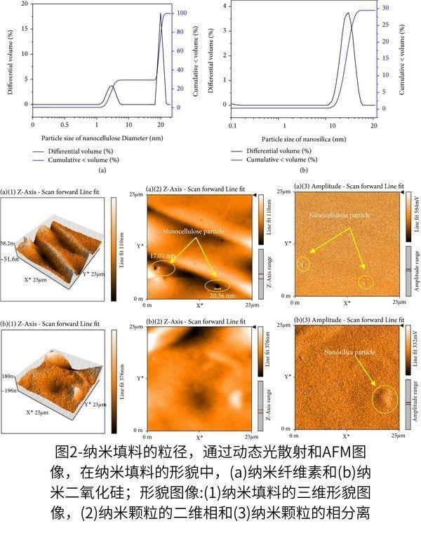 粒度分布如圖2(a)(納米纖維素)和圖2(b)(納米二氧化矽)所示
