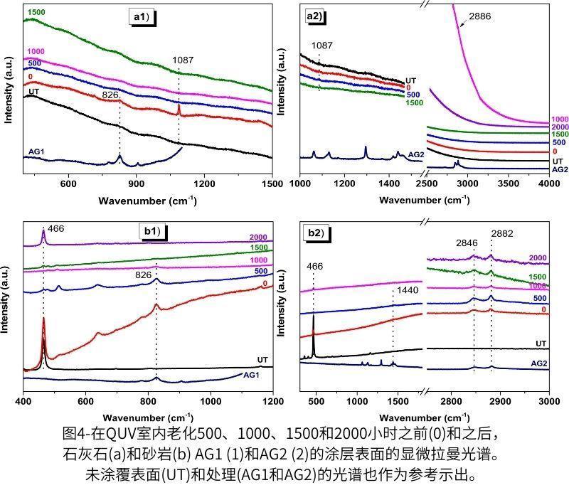 圖4-在QUV紫外加速老化測試箱老化500、1000、1500和2000小時之前(0)和之後,石灰石(a)和砂岩(b) AG1 (1)和AG2 (2)的塗層表麵的顯微拉曼光譜。未塗覆表麵(UT)和處理(AG1和AG2)的光譜也作為(wei) 參考示出。