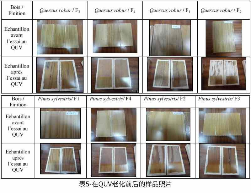 表5-在QUV紫外老化試驗箱中進行加速老化前後的樣品照片